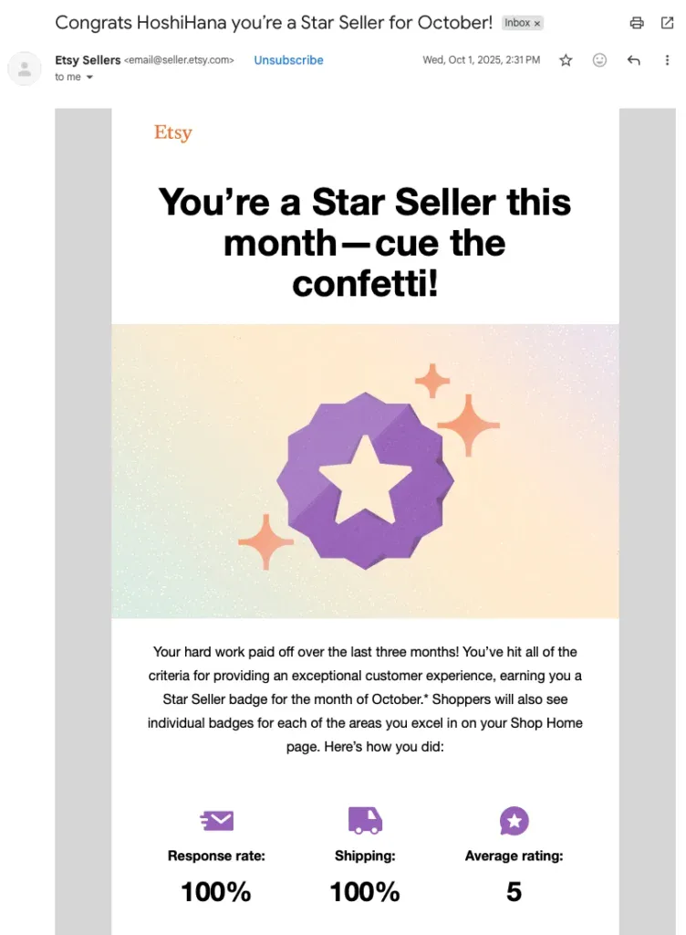 Hoshi Hana screen shot of email from Etsy verifying star seller rating. 