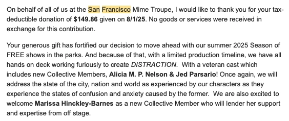 HOSHI HANA verified donation to SF Mime Troupe for $149.86 on August 1, 2025.