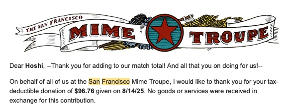 HOSHI HANA verified donation to SF Mime Troupe for $96.78 on August 14, 2025.