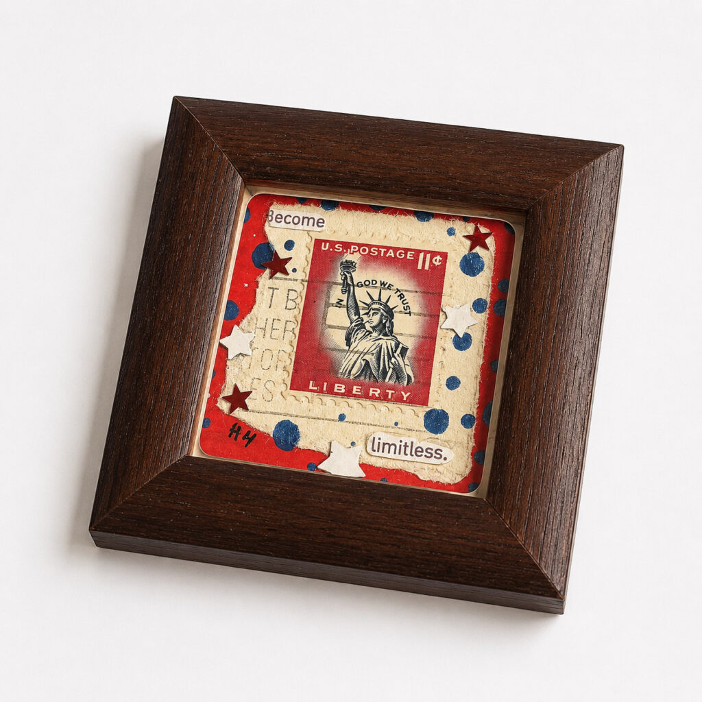 Become Limitless | Original Miniature Mixed Media Collage | Framed Liberty Stamp Artwork | 2.75 Inch Tiny Art