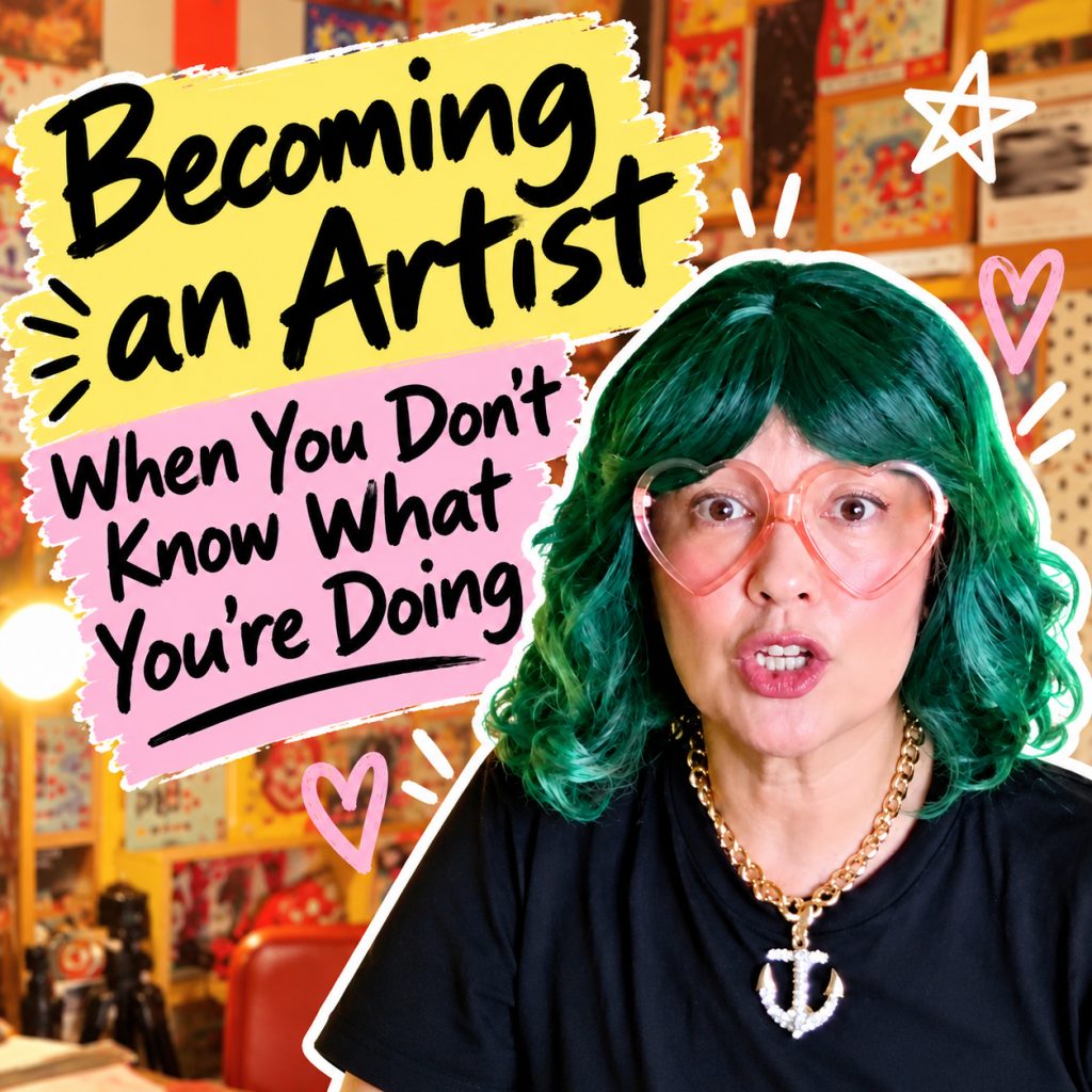 Hoshi Hana wearing green hair and pink heart-shaped glasses in an art studio beside the words “Becoming an Artist When You Don’t Know What You’re Doing.”