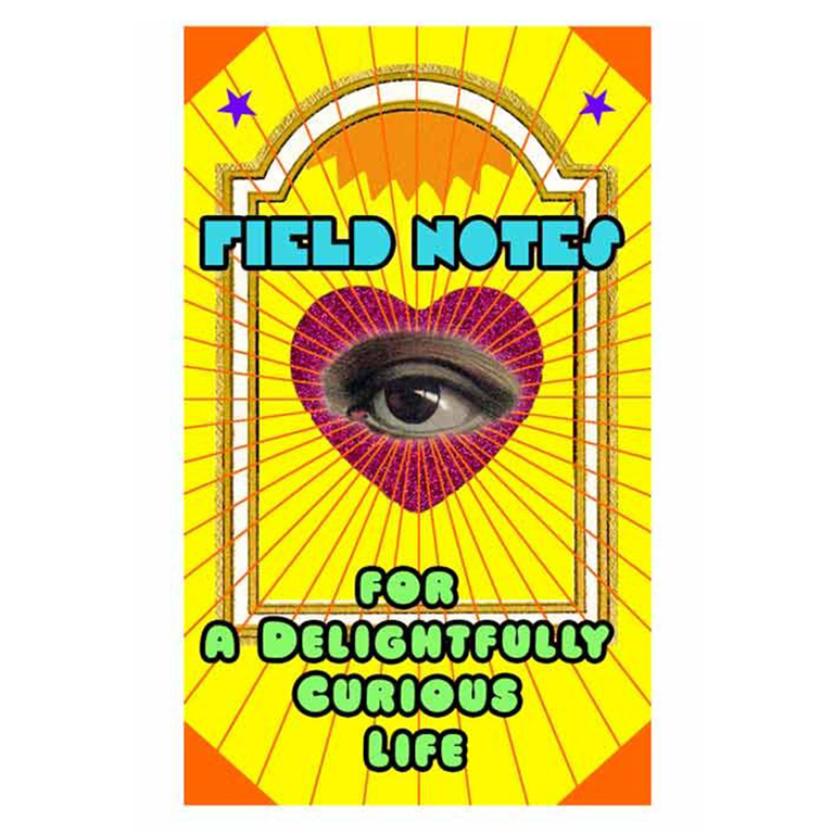 Cover of the Field Notes for a Delightfully Curious Life mini art zine by Hoshi Hana: a heart-framed eye on a bright yellow sunburst inside an arched frame.